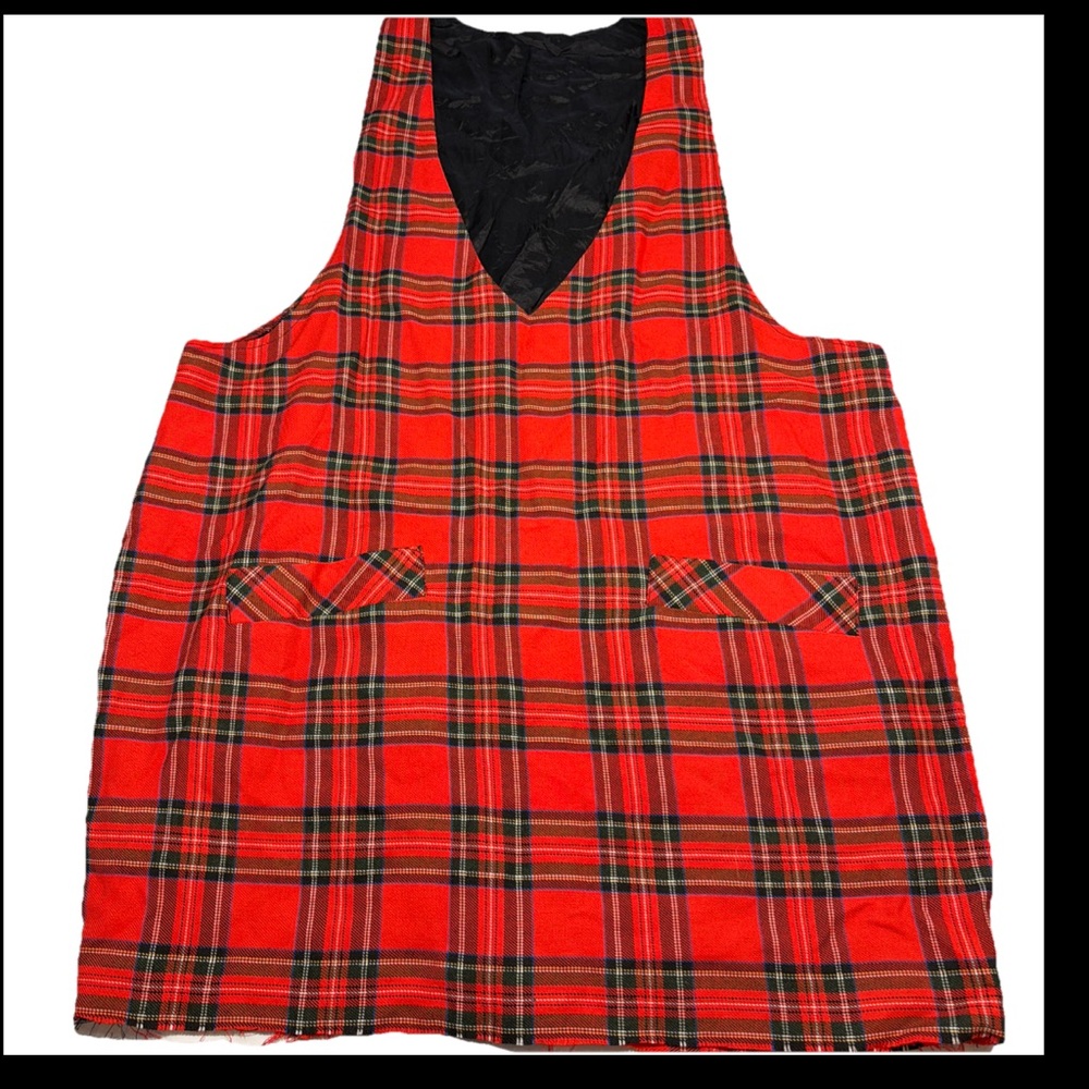 Simon Ellis RED PLAID Vintage 90s V-Neck Jumper DRESS pockets Sz 2XL (shortened)
